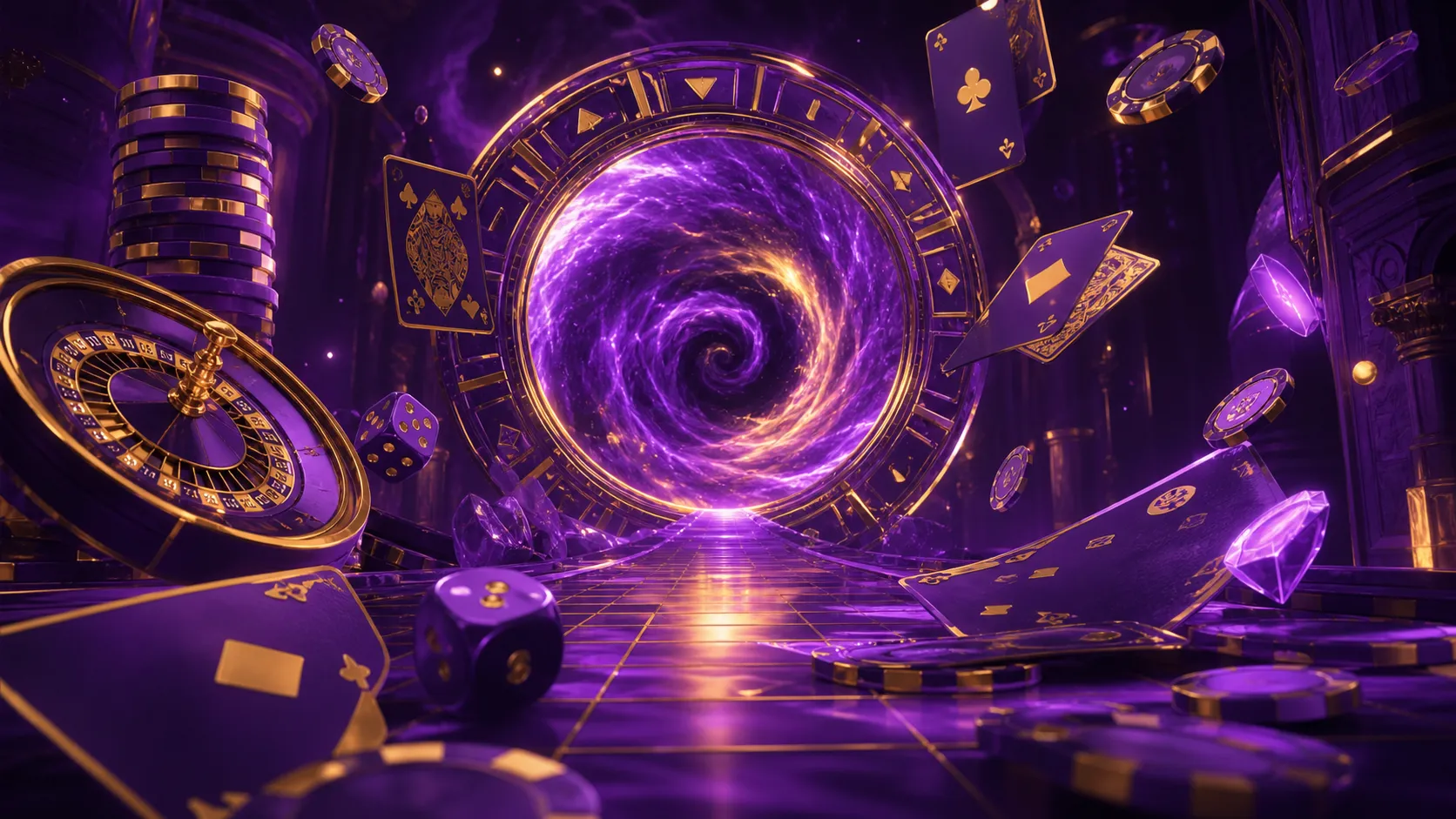 A luxurious casino-themed image with glowing poker chips and dice floating in a cyberpunk neon atmosphere, reflecting the ent